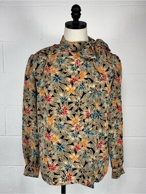 Vintage 80s Gold Japanese Maple Leaf Print Secretary Blouse Bow Tie Neckline S 4